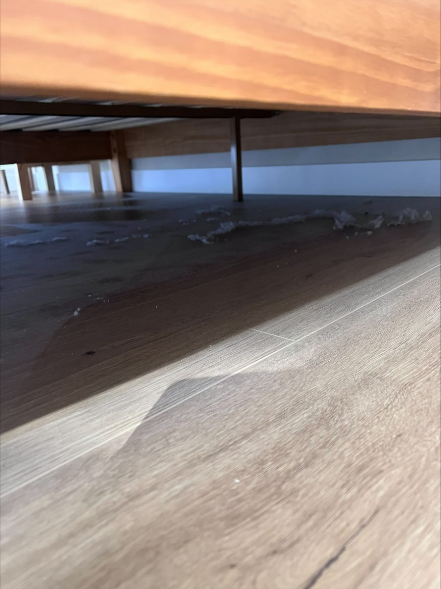 Dust and debris under a bed before cleaning