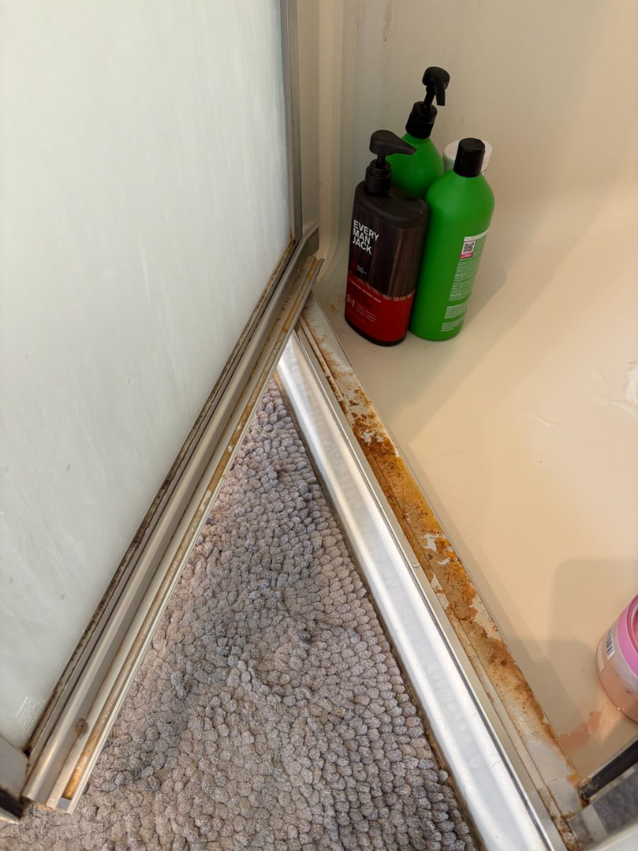 A shower door track with rust and grime before cleaning